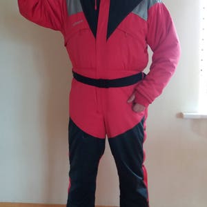 Vintage 80s Men Red Black Silver One Piece Winter Snow Jumpsuit Ski Suit XLarge to XX Large Size