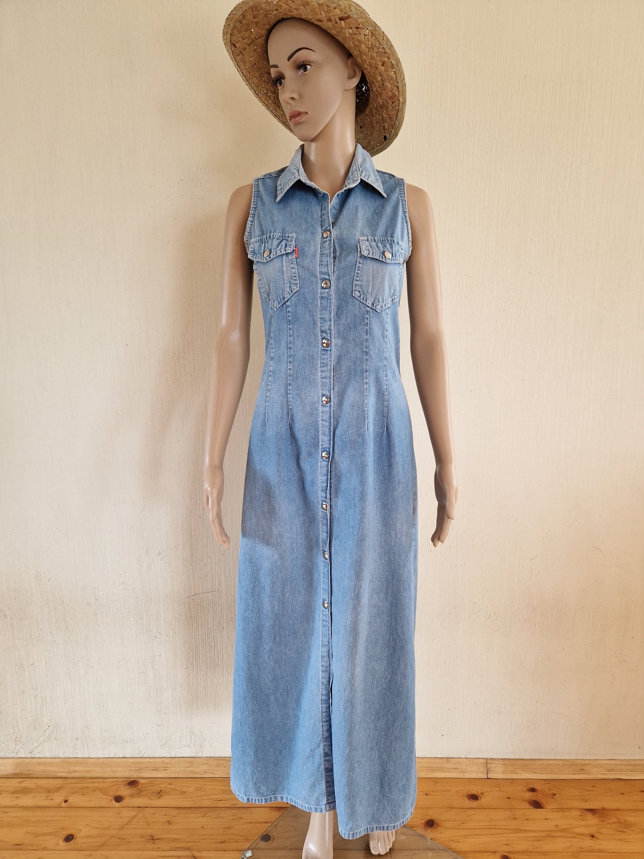 Vintage Light Blue Summer Denim Long Hipster Trendy Dresses Small Size