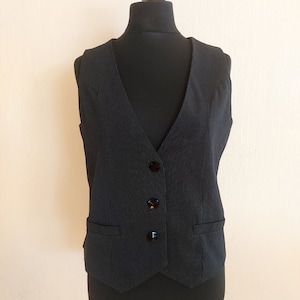 Vintage Black Striped Formal Women&#39;s Fitted Waistcoat Office Vest Size XLarge