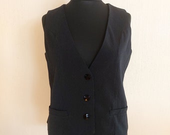 Vintage Black Striped Formal Women's Fitted Waistcoat Office Vest Size XLarge
