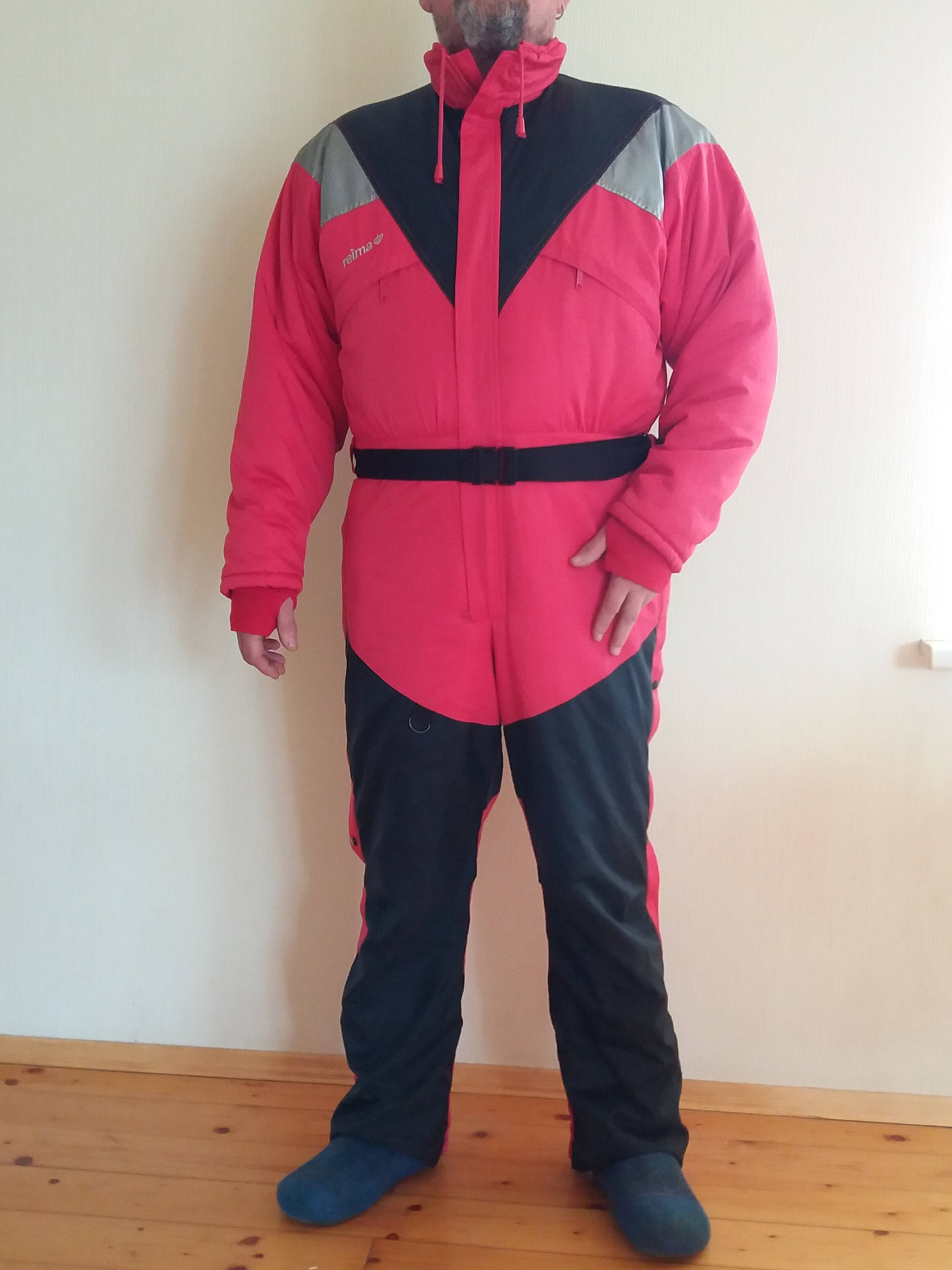 Vintage 80s Men Red Black Silver One Piece Winter Snow Jumpsuit