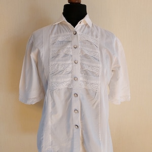 Vintage Dirndl White Cotton Women Trachten Austrian Folk Blouse Size Medium to Large