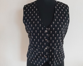 Vintage Black With Ornament Formal Women&#39;s Fitted Waistcoat Office Vest Size Medium