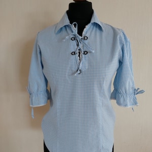Vintage Dirndl Gingham Plaid Women Summer Trachten Austrian Folk Blouse Size Small to Medium