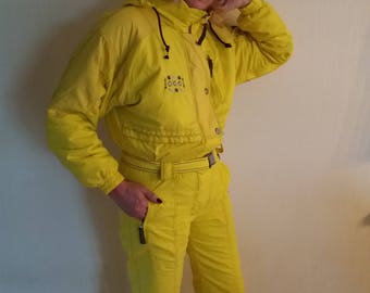 Vintage 90&#39;s Sport One Piece Jumpsuit Retro Yellow Hipster Winter Activewear Ski Suit Size Medium to Large