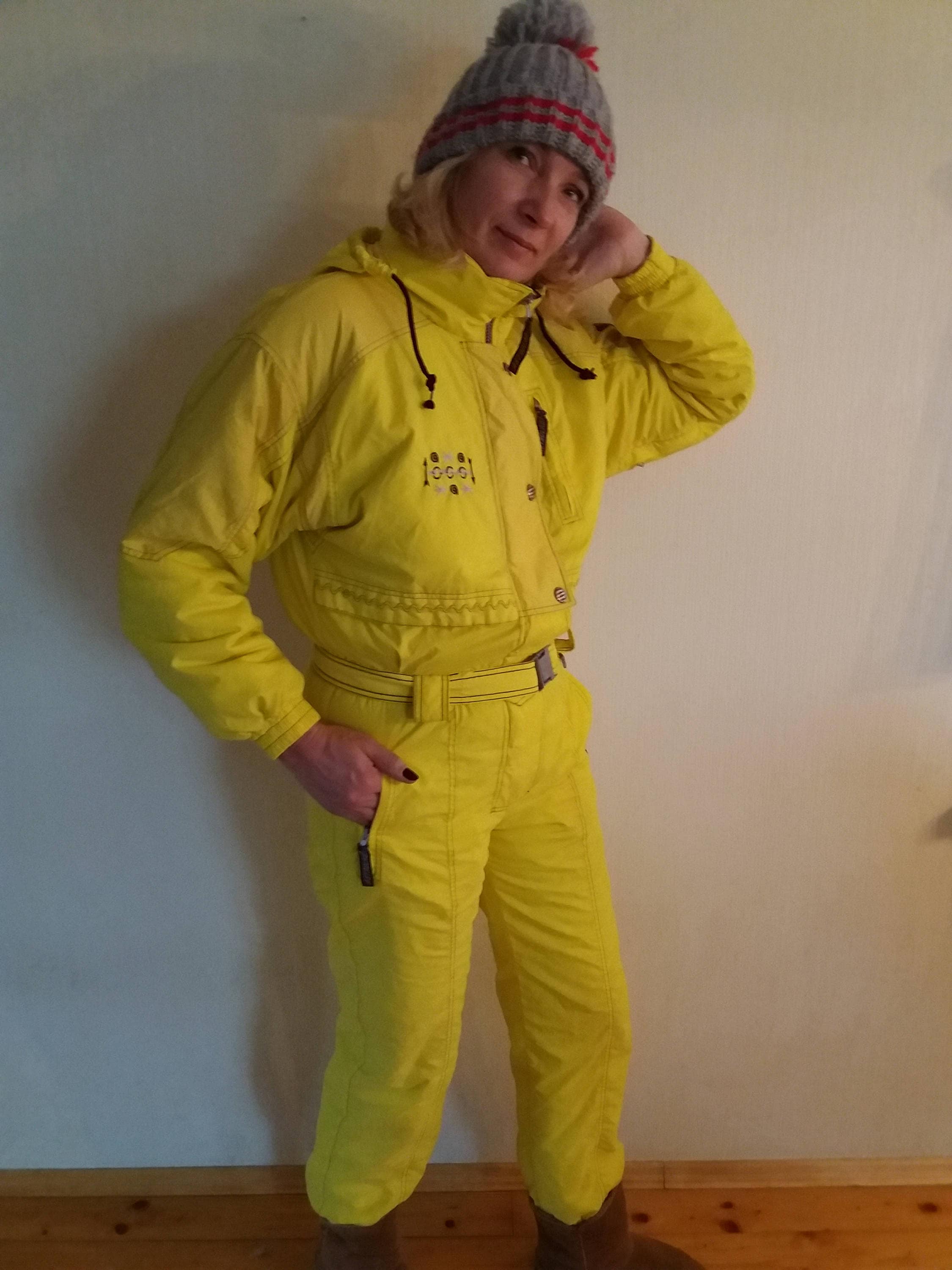 Vintage 90's Sport One Piece Jumpsuit Retro Yellow Hipster Winter
