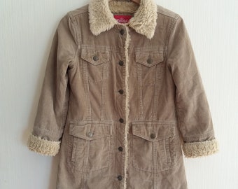 Beige Corduroy Womens Faux Fur Trimmed Jacket Small Size