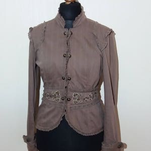 Vintage Women&#39;s Brown Striped Embroidered Cotton Jacket Medium Size