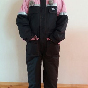 Vintage Pink With Black One Piece Hipster Retro Winter Snow Jumpsuit Ski Suit Size Small