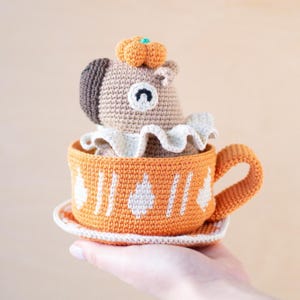 Crochet capybara toy, cute autumn halloween plushie amigurumi, digital PDF pattern in English US terms, funny orange tea cup animal