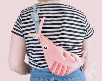Crochet shrimp messenger cross body bum bag fanny pack digital PDF pattern in English US terms cute goofy funny salamon pink bag