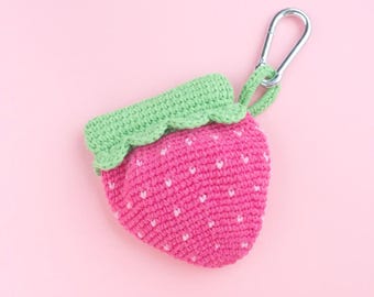 Strawberry Pocket Pouch, digital beginner-friendly PDF crochet pattern, pink cute fruit dice bag, small coin purse, kawaii accessory