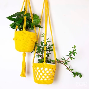 May include: Two yellow crocheted hanging plant pots with green plants. The pots are made with a thick yarn and have a unique design.