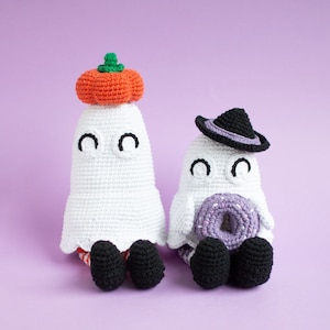 Cute ghost crochet toy pattern, printable amigurumi PDF pattern, spooky Halloween decor, pumpkin, witch hat, donut, pattern bundle