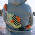 Crochet perch fish messenger cross body bum bag fanny pack, digital PDF pattern in English US terms, green cute whimsy animal purse product logo