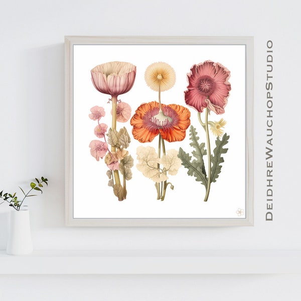 Botanical specimens, Warm pink colour, Digital Download, AI Art, Downloadable Print, Ernst Haeckel style, Graphic style, DIY print and frame