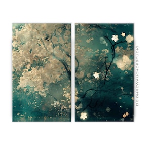 Diptych set of two prints, Digital Download AI Art, Japanese style print of water and lilies, Downloadable Print, Japonisme, Abstract nature