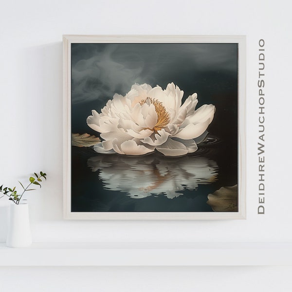 Peony floating on a pond, AI Art, curated flower print, Downloadable Print, Contemplative, calming decor, bedroom decor, affordable art