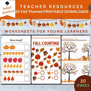 May include: A set of 20 printable worksheets for young learners featuring fall-themed activities. The worksheets include counting, finding differences, and writing numbers. The worksheets are designed to help children learn about fall and develop their fine motor skills.
