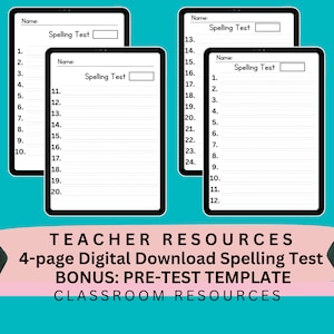 Printable 4-page Spelling Test Template for Elementary Students| Word Practice Test| Bonus: Pre-Test Spelling Template | Classroom templates