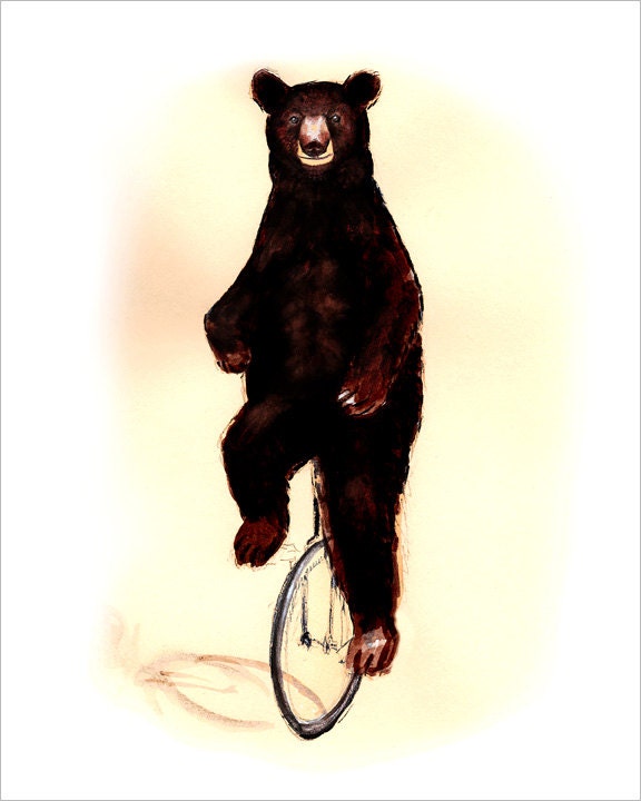 Funny animal art Bear on Unicycle Watercolor art print Etsy