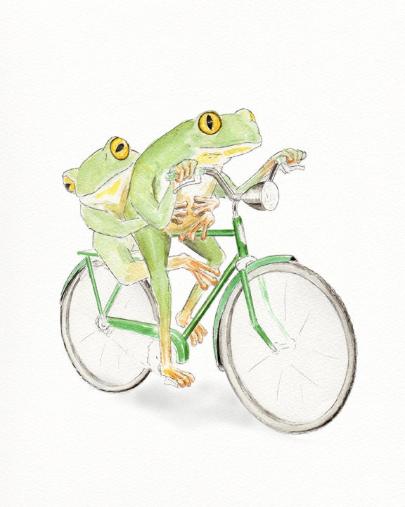 Frogs Riding Bicycle Whimsical animal art Humorous Frog Etsy