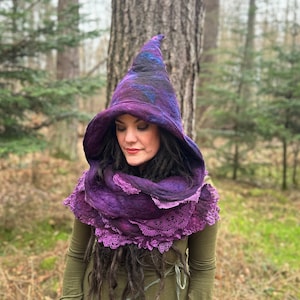 The ‘Poisoned Plum' Witchy Hooded Cowl with Hand-dyed Vintage Doilies