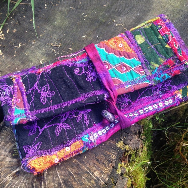 Recycled Upcycled Ethnic Textile Art Pouch Handcrafted Patchwork Tobacco Pouch Phone Case Textile Sewing Pouch Purse Vegan Hippie Eco Gifts