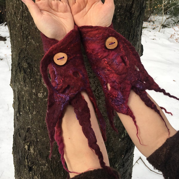 The 'Fuchsia Burst' Faerie Felted Gloves, Fae Mittens, Pixie Cuffs with Holey Leaves, Ren Faire, Fantasy
