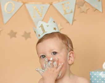 Baby Blue Wool Felt and Gold Glitter Stars Birthday Crown AND ONE Banner, Any Number Age, Boy, Prince, Smash Cake Photo Prop, Baby Headband