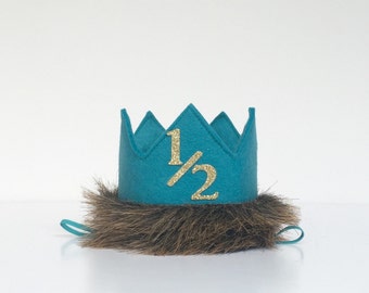 Half Birthday Teal Turquoise Aqua Felt Mini Crown Headband, Fur, 1/2, 6 Months, Cake Smash Photo Prop, Party