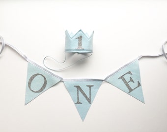 Baby Blue Felt Silver Glitter Mini Birthday Crown Headband AND one Banner, Boy, Girl, Prince, Smash Cake Photo Prop, Baby Party