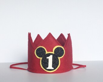 Black Red Yellow Glitter Sparkly Mickey Mouse Felt Mini First Birthday Crown Headband for all ages, Baby Girl Boy, One Year Smash Cake Photo