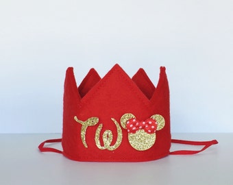 Red Gold Glitter Sparkly 2 Minnie Mouse Felt Mini Second Birthday Crown Headband for all ages, Baby Girl, Two Years Old, Photo Prop