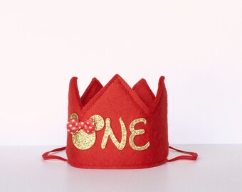 Red Gold Glitter Sparkly Minnie Mouse Felt Mini First Birthday Crown Headband for all ages, Baby Girl, One Year Smash Cake Photo Prop