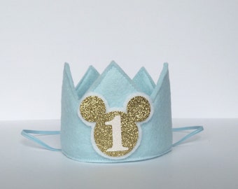 Baby Blue Glitter Gold or Silver Sparkly Mickey Mouse Felt Mini First Birthday Crown Headband, Baby Girl or Boy, Smash Cake Photo Prop