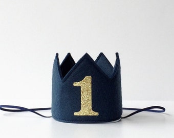 Navy Blue Felt Mini First Birthday Crown Headband, Gold Glitter, Nautical, Girl, Boy Prince, Smash Cake Photo Prop, Baby, One Year Old Party