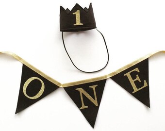 Black Felt Gold Glitter Mini Birthday Crown Headband AND one Banner, Boy, Girl, Prince, Smash Cake Photo Prop, Baby Party