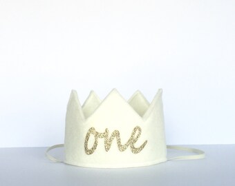 Wool Felt Mini Birthday Crown, Gold Glitter One, Number Age, Princess, Smash Cake Photo Prop, Baby, One Year Old