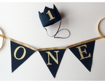 Pick Your Color Felt and Glitter Mini First Birthday Crown Headband AND One Banner, Boy, Girl, Princess, Prince, Smash Cake Photo Prop