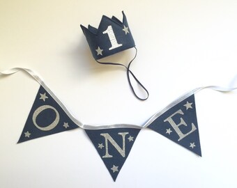 Pick Your Colors Felt Glitter Twinkle Little Stars Birthday Crown AND Banner, Smash Cake Photo Prop, Baby Headband