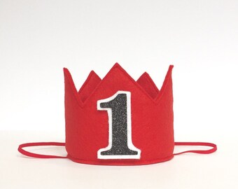 Red Black White Felt Mini First Birthday Crown Headband, Glitter One, Baby Boy, Prince, Smash Cake Photo Prop, Party Pictures, Mickey