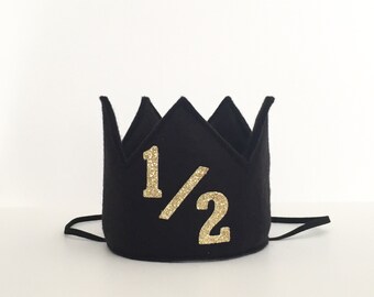 Black and Gold Felt Mini Half 1/2 Birthday Crown Headband, Glitter, Girl, Boy Prince, Smash Cake Photo Prop, Baby, 6 months old