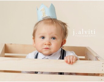 Blue White and Gold Felt Mini First Birthday Crown Headband, Glitter One, Baby Boy, Prince, Smash Cake Photo Prop, Year Old Party Pictures