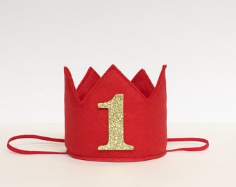 Red Felt Gold Glitter Mini First Birthday Crown Headband, Smash Cake Photo Prop, Baby, One Year Old Party Pictures