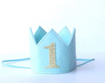 Baby Blue and Gold Felt Mini First Birthday Crown Headband, Glitter One, Baby Boy, Prince, Smash Cake Photo Prop, Year Old Party Pictures