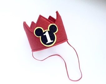 Black Red Yellow Glitter Sparkly Mickey Mouse Felt Mini First Birthday Crown Headband for all ages, Baby Girl Boy, One Year Smash Cake Photo