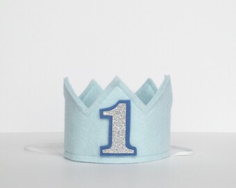 Baby Blue Felt Mini First Birthday Crown Headband, Silver Glitter, Girl, Boy, Prince, Smash Cake Photo Prop, Baby, One Year Party