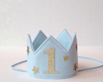 Baby Blue Gold Stars Felt Mini First Birthday Crown Headband, Little Prince, Glitter One, Baby Boy, Smash Cake Photo Prop, Party Pictures
