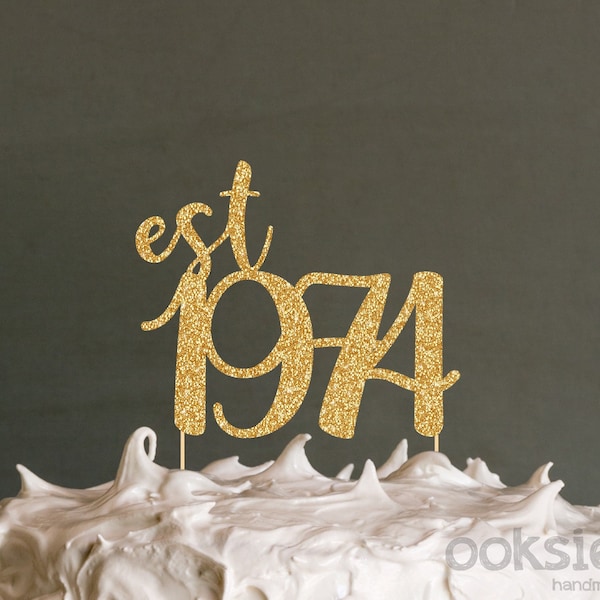 50th Birthday Cake Topper - est 1974 Fiftieth Birthday Cake Topper / Table Centrepiece made from glitter cardstock